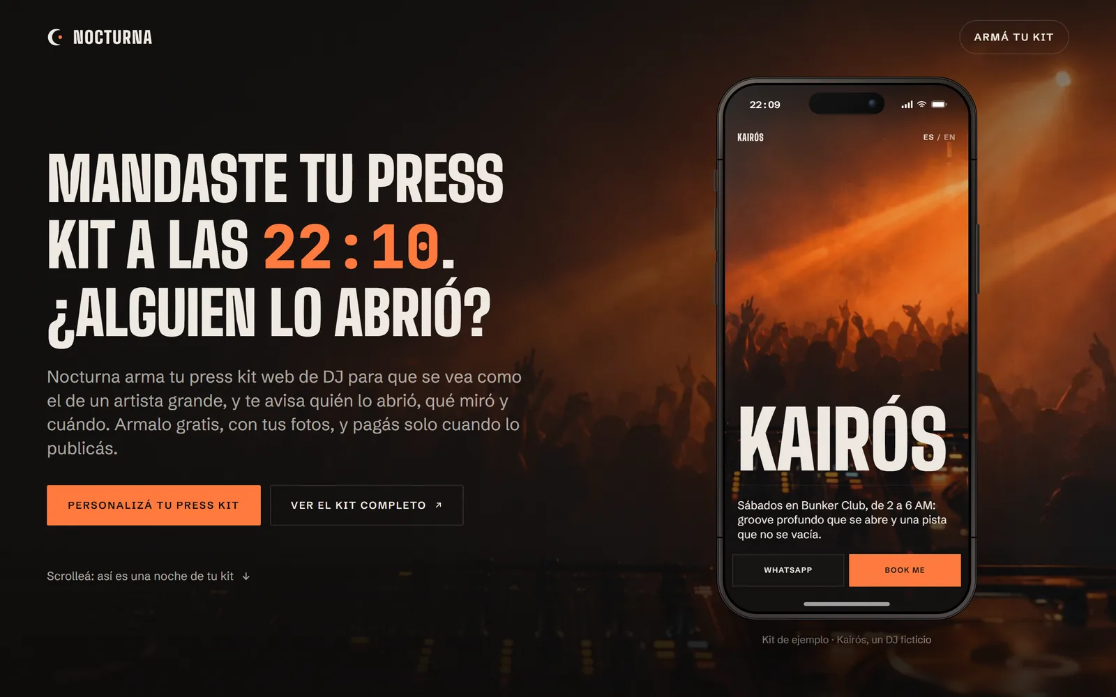 Nocturna: la portada muestra un press kit de DJ abierto en un celular, con el titular «Mandaste tu press kit a las 22:10. ¿Alguien lo abrió?»